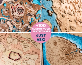DnD campaign map. Fantasy Wood Maps. We create your favorite fantasy map in wood. Video game map, fantasy novel map. Multilayer 3d laser.