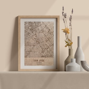 Carte en bois de San Jose, La Californie. Carte vintage gravée au laser 3D. L’art du bois. Ville de gravure sur bois personnalisée du monde. Décoration à la maison