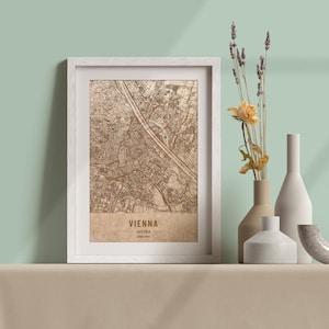 Carte en bois de Vienne, Autriche. Carte vintage gravée au laser 3D. L’art du bois. Gravure sur bois personnalisée d’une ville du monde. Décoration à la maison