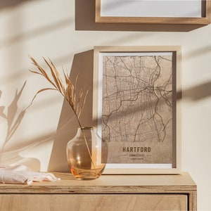 Carte en bois de Hartford, Conneticut, États-Unis. Carte vintage personnalisée gravée au laser 3D. Art du bois. Ville personnalisée de gravure sur bois du monde. Décoration de maison