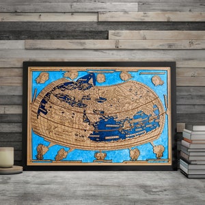 Ptolemaeus wereldkaart. Antieke kaart Claudio Ptolomeo houten kaart. Lasergesneden. Ptolemaeus wereldkaart Middeleeuwse oude kaart hout Wereld 1486 Claudius Ptolemaeus