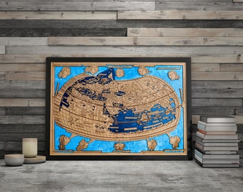 Ptolemy world map. Antique map Claudio Ptolomeo wooden map. Laser cut.  Ptolemys world map Medieval Old Map wood World 1486 Claudius Ptolemy