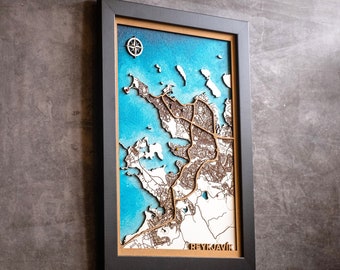 Wooden Map of Any City in the World, Reykjavik.  5th Anniversary Birthday Wedding, Wood hand painted map. Unique Personalized Gift