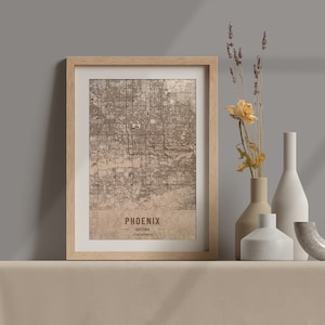 Carte en bois de Phoenix, Arizona. Carte vintage gravée au laser 3D. L’art du bois. Ville de gravure sur bois personnalisée du monde. Décoration à la maison