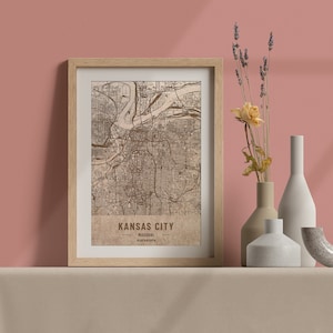 Carte en bois de Kansas City, Missouri. Carte vintage gravée au laser 3D. L’art du bois. Ville de gravure sur bois personnalisée du monde. Décoration à la maison