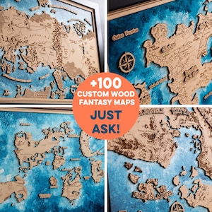Cartes fantastiques en bois. Nous créons votre carte fantastique préférée en bois. Carte de jeu vidéo, carte de roman fantastique. Cartes laser 3D multicouches peintes à la main
