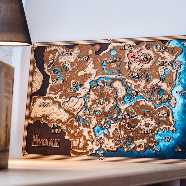 Zelda wood map, gift for him, zelda map, hyrule, custom, tears of the kingdom map, Aged, Handmade, Authentic Gift, Gamer gift