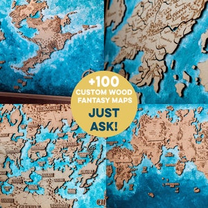 Mapas madera fantasía. Creamos tu mapa de fantasía favorito en madera. Mapa de videojuegos o novelas. Mapas multicapa 3d y pintados a mano