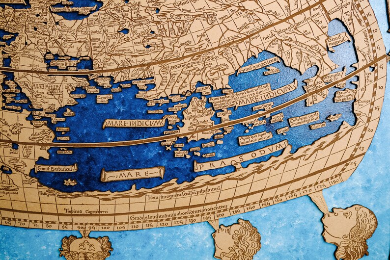 Ptolemy World Map. Old Map Claudio Ptolomeo Wooden Map. Laser Cut Decor