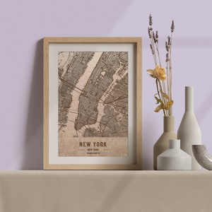 Carte en bois de New York, New York. Carte vintage gravée au laser 3D. L’art du bois. Ville de gravure sur bois personnalisée du monde. Décoration à la maison