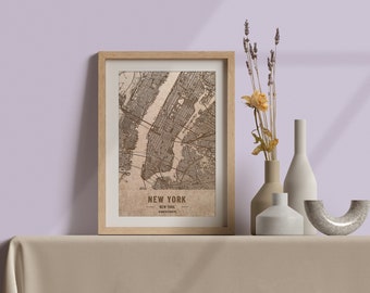 Wooden map of New York, New York. 3D laser engraved custom vintage map. Wood art. Personalized woodcut city of the world. Home decor