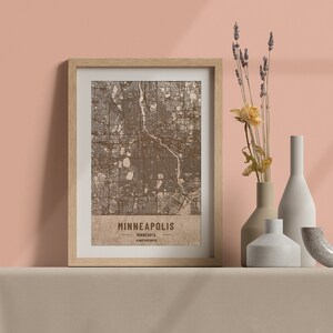 Carte en bois de Minneapolis, Minnesota. Carte vintage gravée au laser 3D. L’art du bois. Ville de gravure sur bois personnalisée du monde. Décoration à la maison