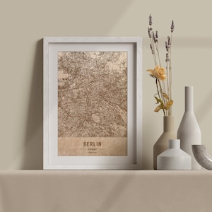 Mapa de madeira de Berlim, Alemanha. Mapa vintage personalizado gravado a laser em 3D. Arte em madeira. Xilogravura personalizada de uma cidade do mundo. Decoração de casa