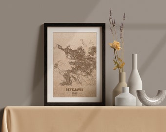 Landkarte von Reykjavik, Island. 3D Laser gravierte Vintage Landkarte. Holzkunst. Personalisierter Holzschnitt einer Stadt der Welt. Wohndekor