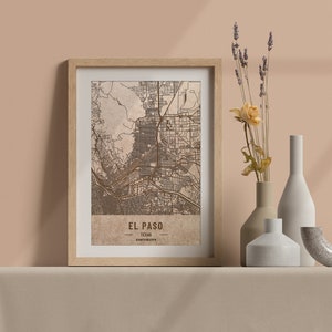 Carte en bois d’El Paso, Texas. Carte vintage gravée au laser 3D. L’art du bois. Ville de gravure sur bois personnalisée du monde. Décoration à la maison
