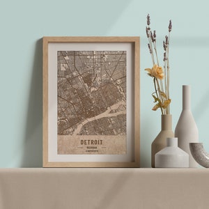 Carte en bois de Detroit, Michigan. Carte vintage gravée au laser 3D. L’art du bois. Ville de gravure sur bois personnalisée du monde. Décoration à la maison