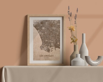 Wooden map of Los Angeles, California. 3D laser engraved custom vintage map. Wood art. Personalized woodcut city of the world. Home decor