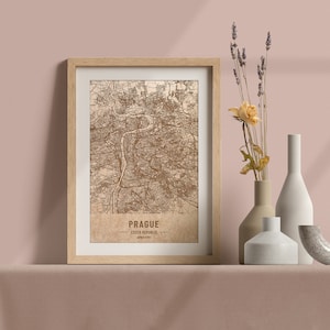Carte en bois de Prague, République tchèque. Carte vintage personnalisée 3D gravée au laser. Art en bois. Gravure sur bois personnalisée d'une ville du monde. Décoration d'intérieur