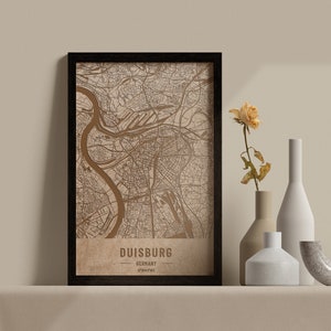 Carte en bois de Duisbourg, Allemagne. Carte vintage personnalisée gravée au laser 3D. Art du bois. Gravure sur bois personnalisée d’une ville du monde. Décoration intérieure