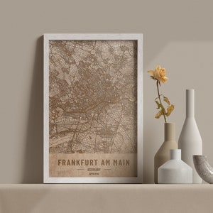 Carte en bois de Francfort, Allemagne. Carte vintage personnalisée gravée au laser 3D. Art du bois. Gravure sur bois personnalisée d’une ville du monde. Décoration intérieure