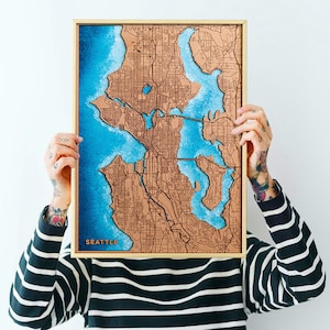 Carte de Seattle, carte de la ville en toile, affiche de Seattle, carte de Seattle en bois, carte personnalisée, carte marine, carte 3D. Carte personnalisée