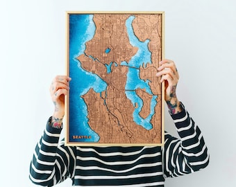 Seattle map, City map canvas, Seattle poster, Map seattle wood, custom map travel, city map nautical chart, 3d map. Personalized map