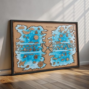 Puede incluir: Mapa náutico enmarcado con borde negro. El mapa presenta una combinación de colores azul y marrón, con el texto "Red Line" en la parte superior. El mapa incluye varias ilustraciones de barcos e islas.