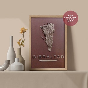 Carte en bois de n'importe quel pays. Carte de Gibraltar ou du pays personnalisée, gravure sur bois 3D découpée au laser. Carte de tous les pays du monde. avec épingles