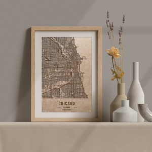 Carte en bois de Chicago, Illinois. Carte vintage gravée au laser 3D. L’art du bois. Ville de gravure sur bois personnalisée du monde. Décoration à la maison