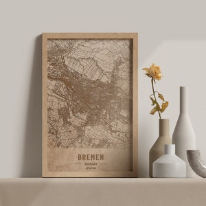 Carte en bois de Brême, Allemagne. Carte vintage personnalisée gravée au laser 3D. Art du bois. Gravure sur bois personnalisée d’une ville du monde. Décoration intérieure