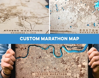 Mapa de maratón de madera personalizado: río grabado con láser y pintado a mano