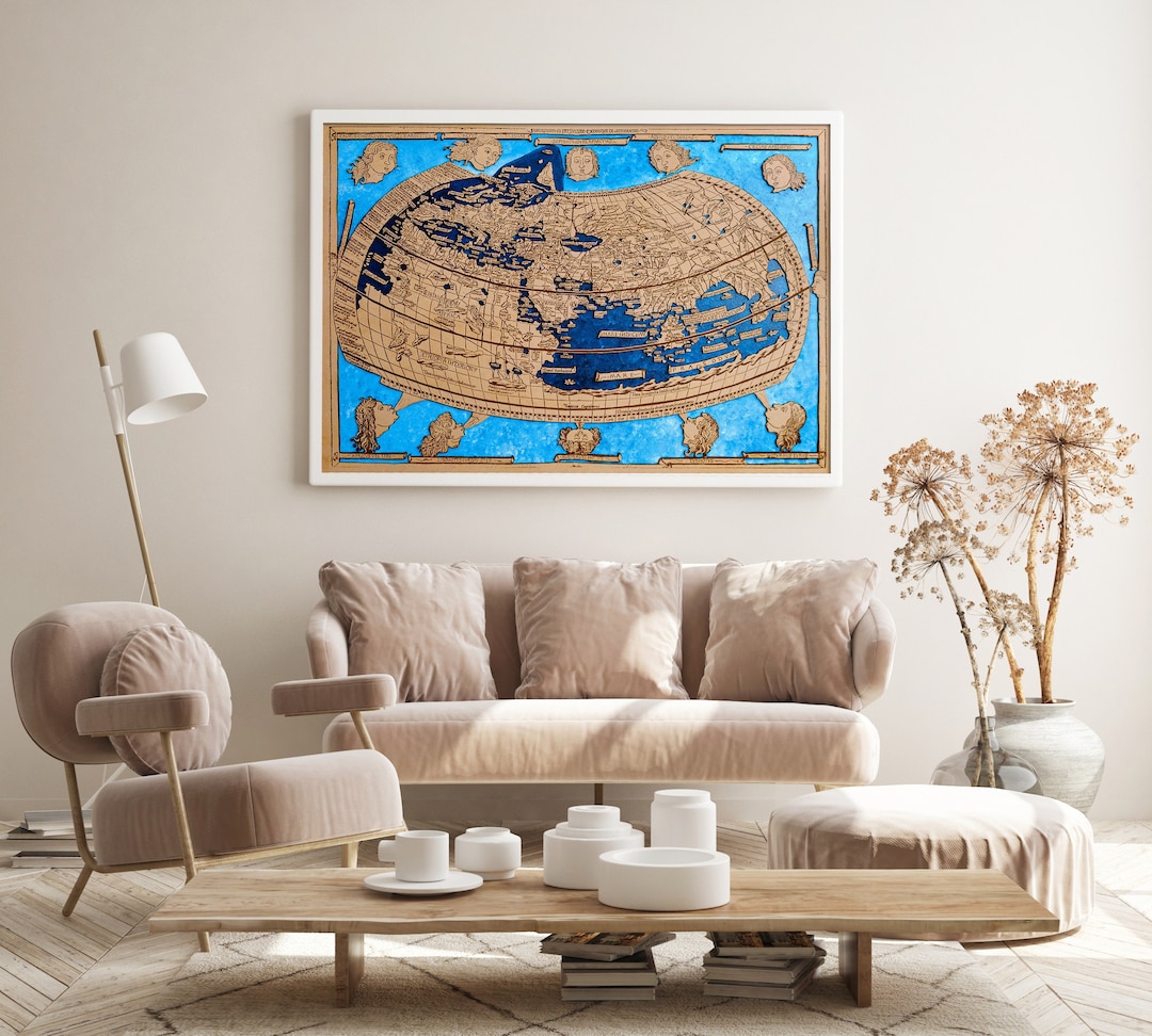 Ptolemy World Map. Old Map Claudio Ptolomeo Wooden Map. Laser Cut Decor