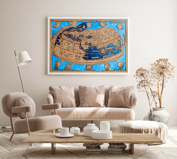 プトレマイオスの世界地図。古地図 クラウディオ・プトレマイオス 木製