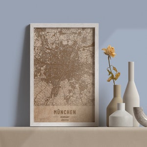 Carte en bois de Munich, Allemagne. Carte vintage personnalisée gravée au laser 3D. Art du bois. Gravure sur bois personnalisée d’une ville du monde. Décoration intérieure