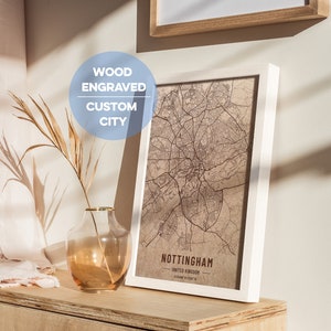 Mapa da cidade personalizado. Mapa de Nottingham no Reino Unido. Qualquer cidade gravada em madeira e cortada a laser. Mapa de madeira personalizado. Mapa da cidade de madeira. Arte em madeira. Presentes personalizados