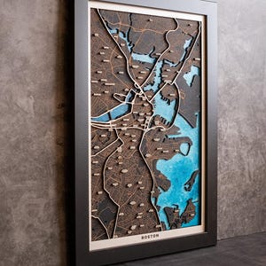 Carte en bois de Boston ou de n'importe quelle ville du monde, 5e anniversaire de mariage, carte en bois peinte à la main. Cadeau personnalisé pour pendaison de crémaillère,