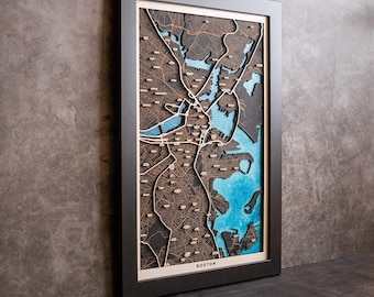 Laser Cut Wooden City Map, Hand Painted, Personalized Anniversary Gift
