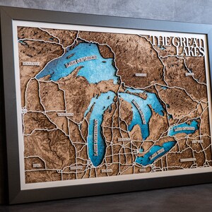 Les Grands Lacs Décoration en bois au laser Carte en bois de la ville Carte des Grands Lacs personnalisée Carte en bois artistique Carte des Grands Lacs Carte en bois personnalisée