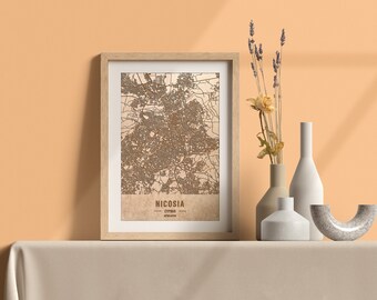 Laser Engraved Wooden Map of Nicosia Cyprus, Custom Woodcut Art