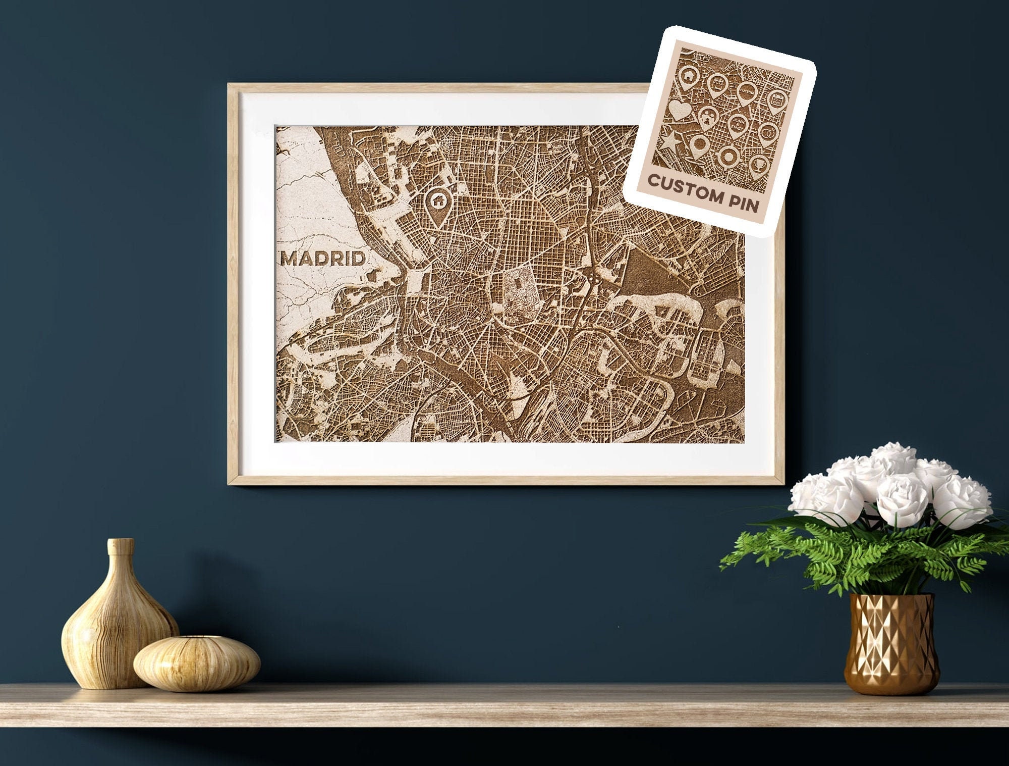 Woodcut map of any city, personalized with a location icon