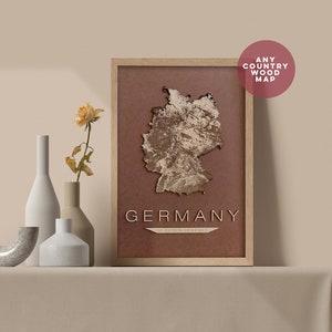 Carte en bois de n'importe quel pays. Carte de l'Allemagne ou du pays personnalisée, gravure sur bois 3D découpée au laser. Carte de tous les pays du monde. avec des épingles !
