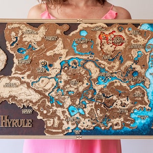 Mapa de madera de Zelda, regalo para él, mapa de zelda, hyrule, mapa de Breath of the Wild, hecho a mano, regalo auténtico, regalo de gamer