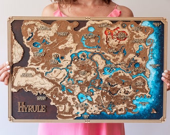 Mapa de madera de Zelda, regalo para él, mapa de zelda, hyrule, mapa de Breath of the Wild, hecho a mano, regalo auténtico, regalo de gamer