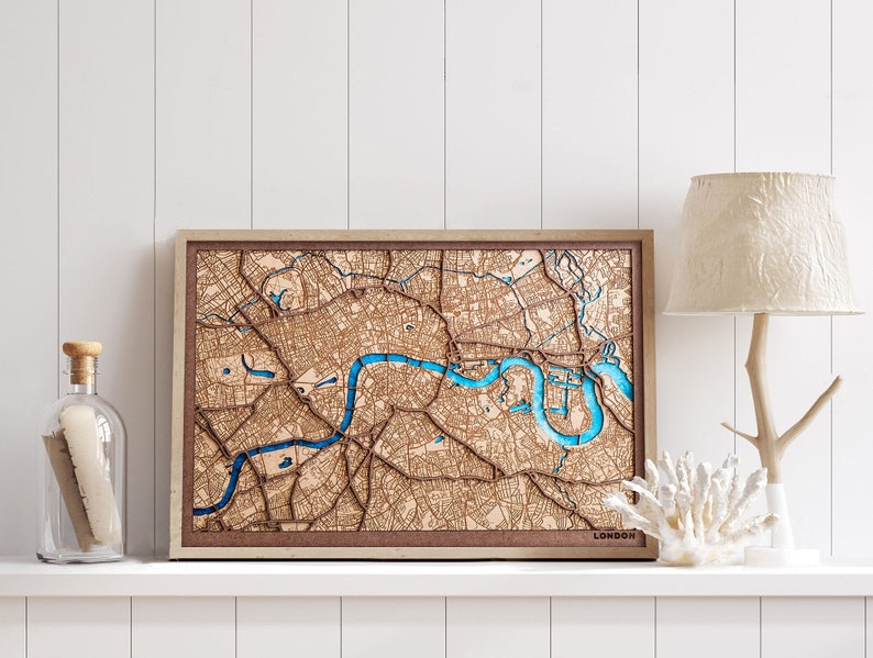 London, Custom city map. Any city engraved in wood and laser cut. Custom wood map. Wooden city map. Wood art. Personalized gifts image 1