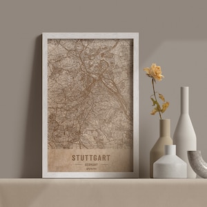 Carte en bois de Stuttgart, Allemagne. Carte vintage personnalisée gravée au laser 3D. Art du bois. Gravure sur bois personnalisée d’une ville du monde. Décoration intérieure