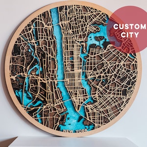 Mapa circular de madera cortado a laser de una ciudad personalizada. Arte mapa en madera. Mapa grabado laser. Decoración con mapas. image 1