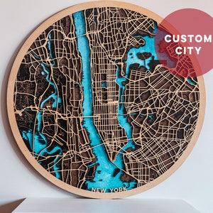 Mapa circular de madera cortado a laser de una ciudad personalizada. Arte mapa en madera. Mapa grabado laser. Decoración con mapas. image 1