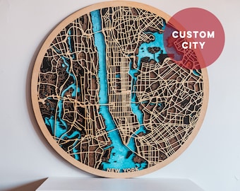 Mapa circular de madera cortado a laser de una ciudad personalizada. Arte mapa en madera. Mapa grabado laser. Decoración con mapas.