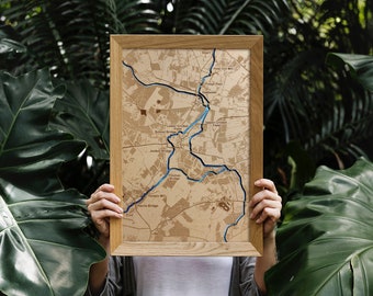 gift for man. Custom woodcut map, river, area, town, city or country. Engraved laser cut to decorate a wall. Personalized vintage art.