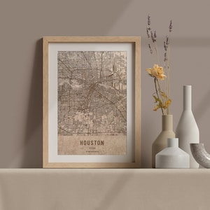 Carte en bois de Houston, Texas. Carte vintage gravée au laser 3D. L’art du bois. Ville de gravure sur bois personnalisée du monde. Décoration à la maison